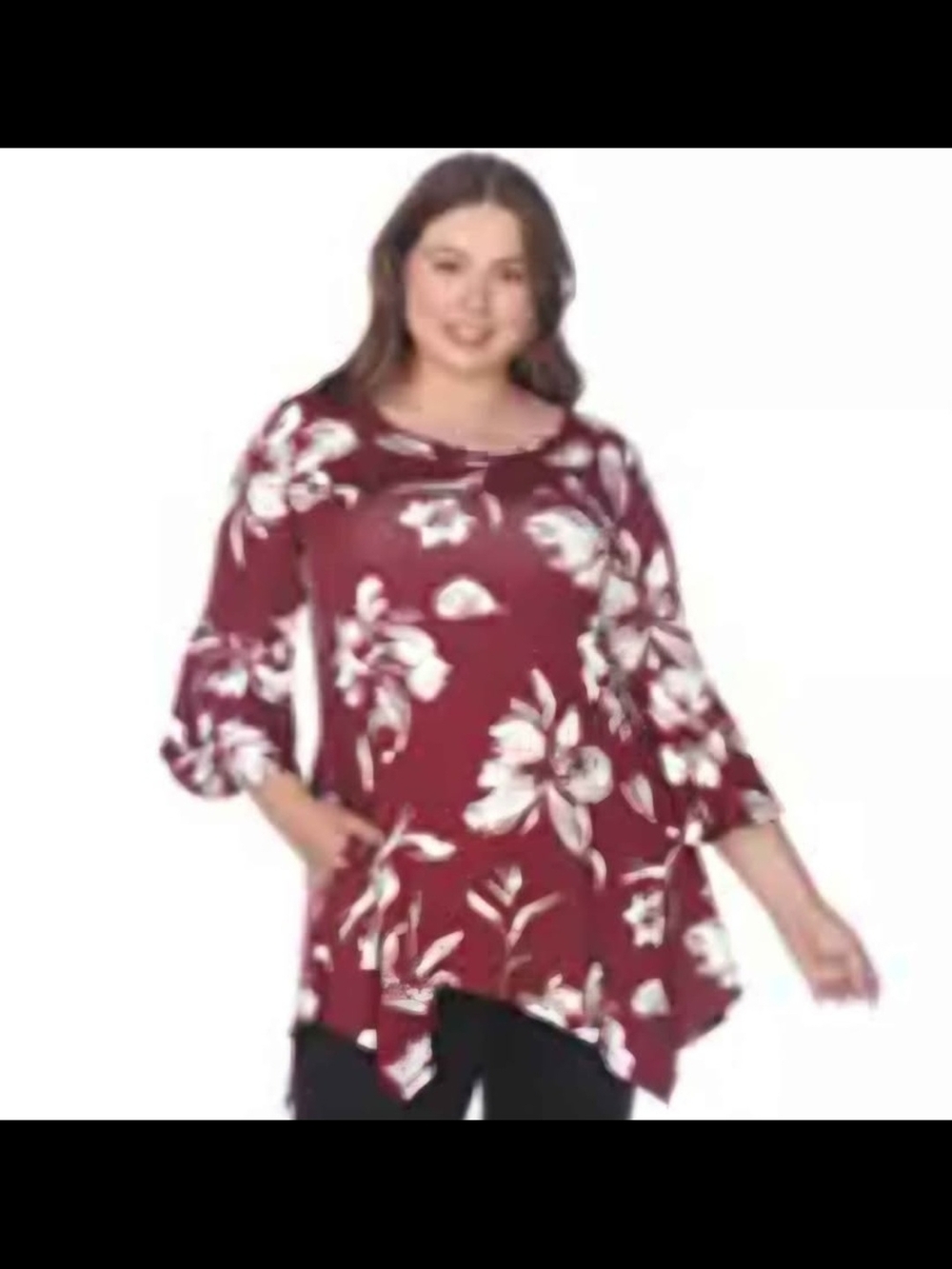White Mark Plus Size Burgundy Floral Handkerchief Hem Tunic
